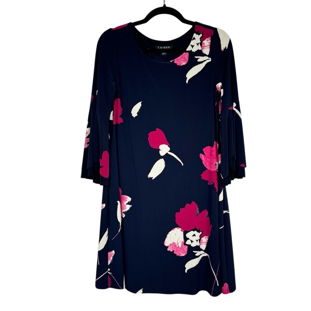 Lauren Ralph Lauren Navy Blue Pink Floral Shift Dress Womens 4 Mini Coquette